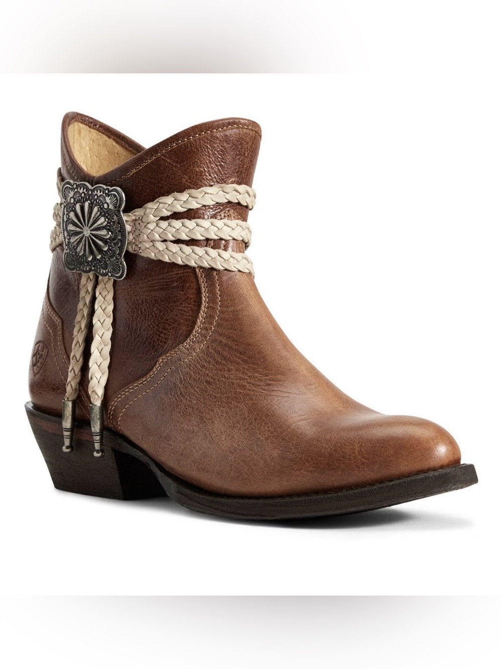 Ariat Brown Leather Ankle Boot with Braided Cream Bolo